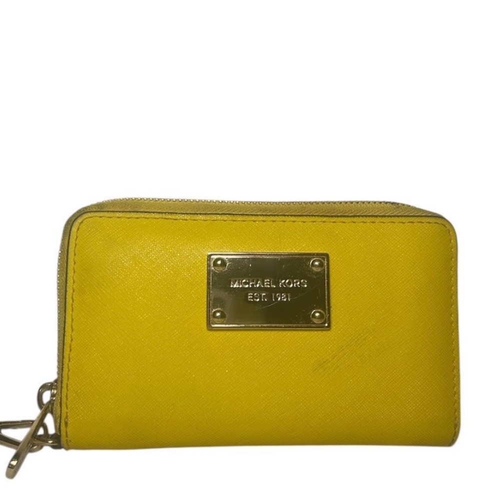 Michael Kors Yellow Leather Full Zip Large Wristlet Strap Wallet With Logo